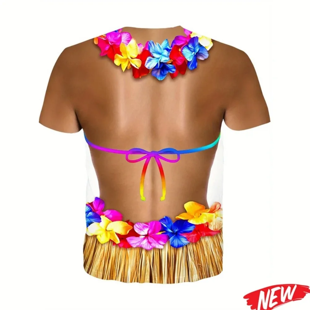 Funny Hawaii Hula Dancer 3D Print T‑Shirt, Tropical Aloha Floral Grass Skirt Breathable Short Sleeve Top For Beach Holiday Party