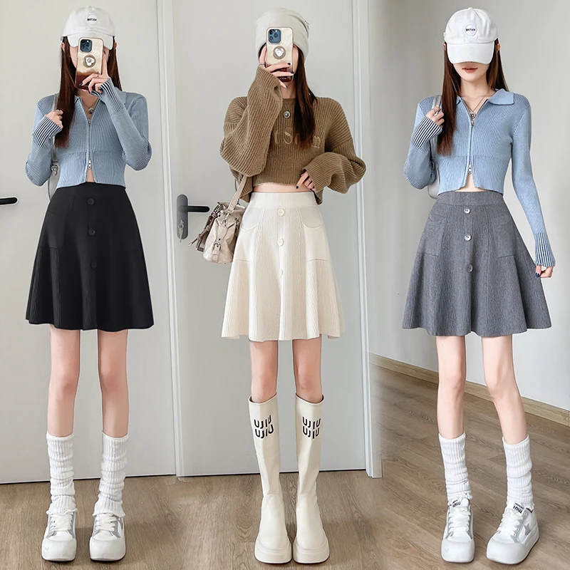 Women Skirt Korean Y2K High Street Slim Knit Midi High Waist Sexy Button Pocket Solid Color A-Line Casual Autumn Winter Fashion