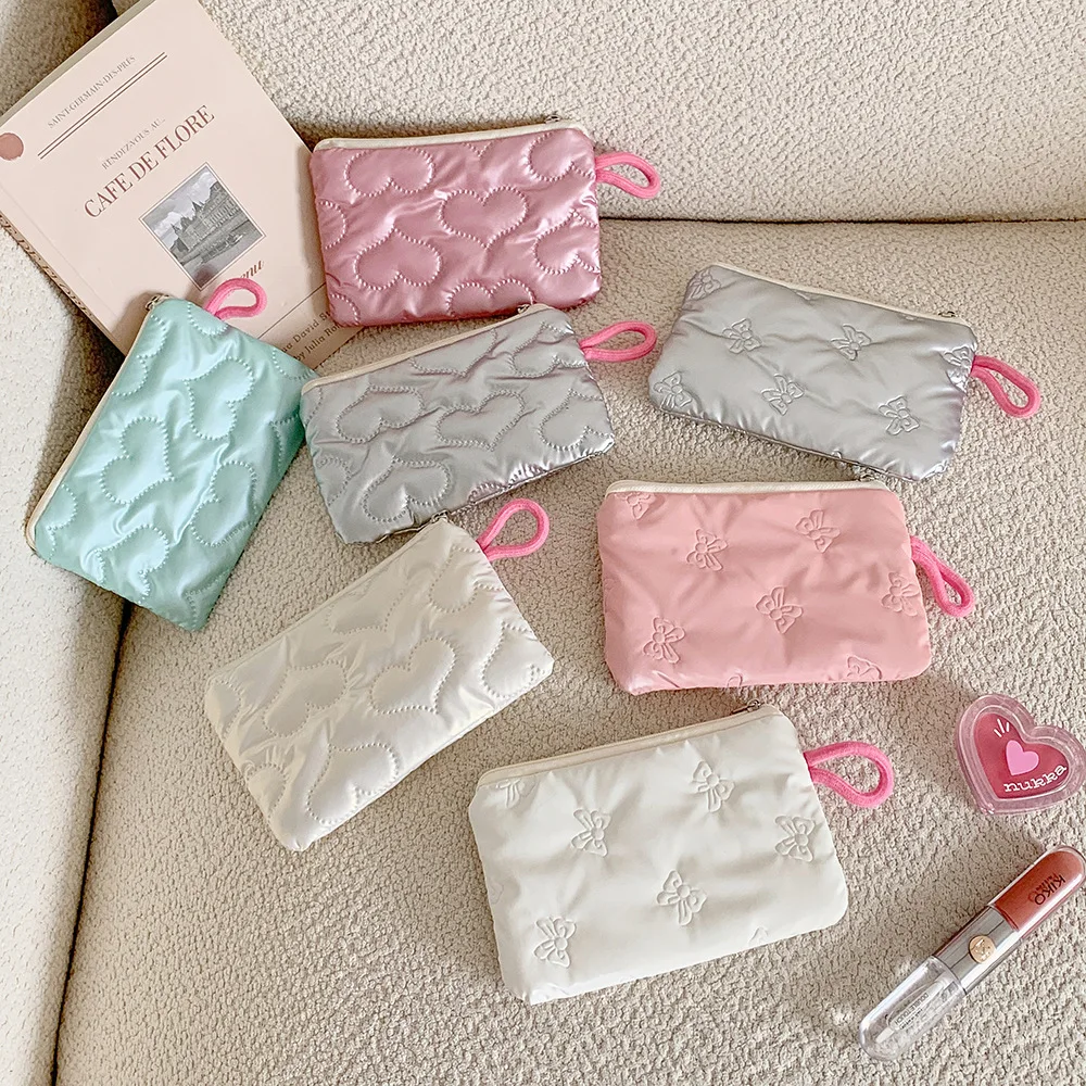 Ins Bow Silver Glossy Cosmetic Bag Small Portable Bag Headphone Data Cable Storage Bag Coin Purse