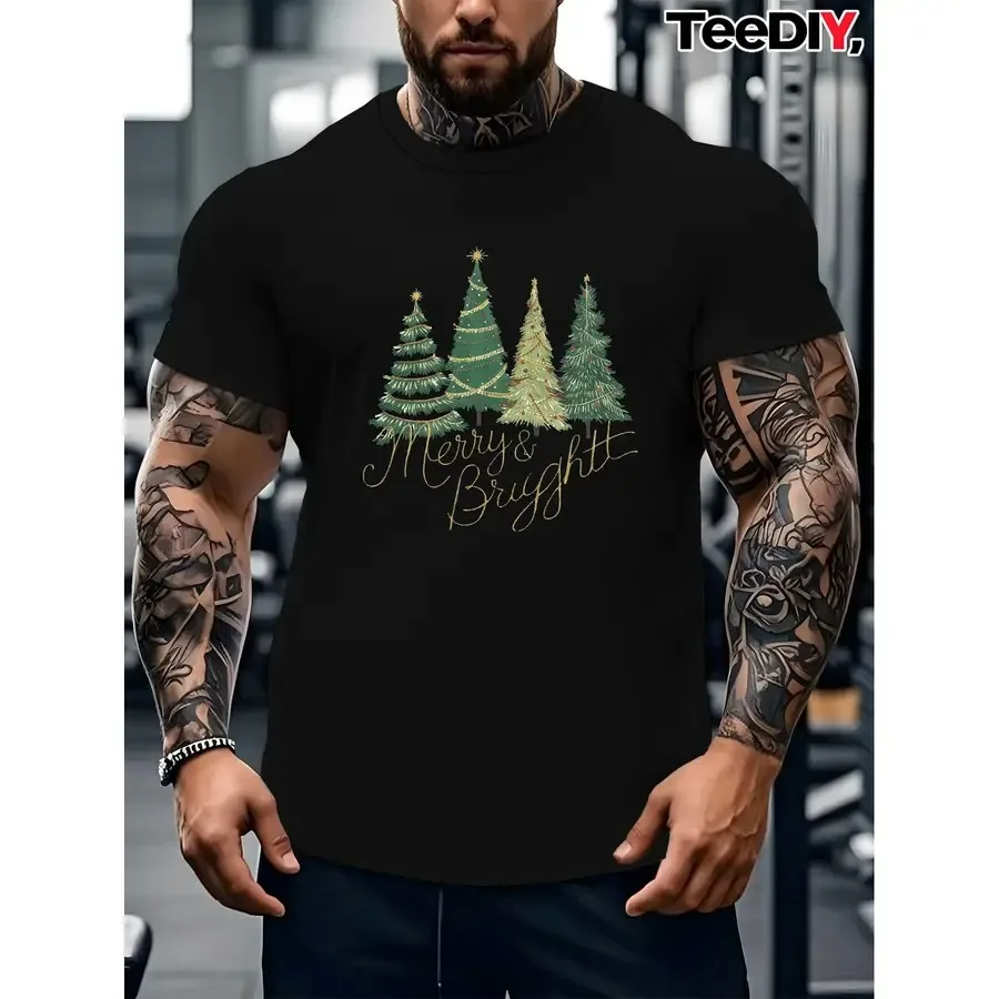 【New style】Men'S Plus Size Christmas T-Shirt Sweat-Wicking Quick-Dry Fabric Regular Fit Short Sleeve with Merry Bright Green Tr