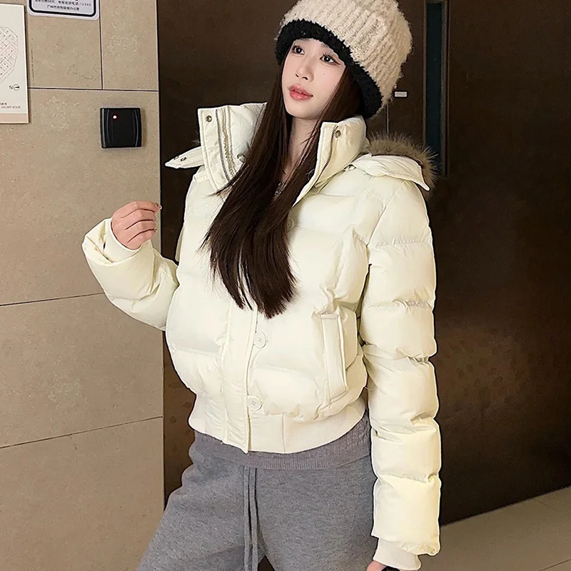 Koreanische Dünne Kurze Baumwolle Jacken Frauen 2025, Winter Pelzigen Kragen Mit Kapuze Parkas Frau Taste Dicke Warme Parka Jacke Weibliche