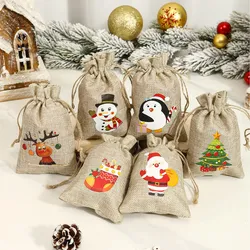 6pcs Linen Drawstring Christmas Candy Gifts Bags Christmas Party Favors for Kids Happy New Year 2025 Candy Snack Packaging Bags