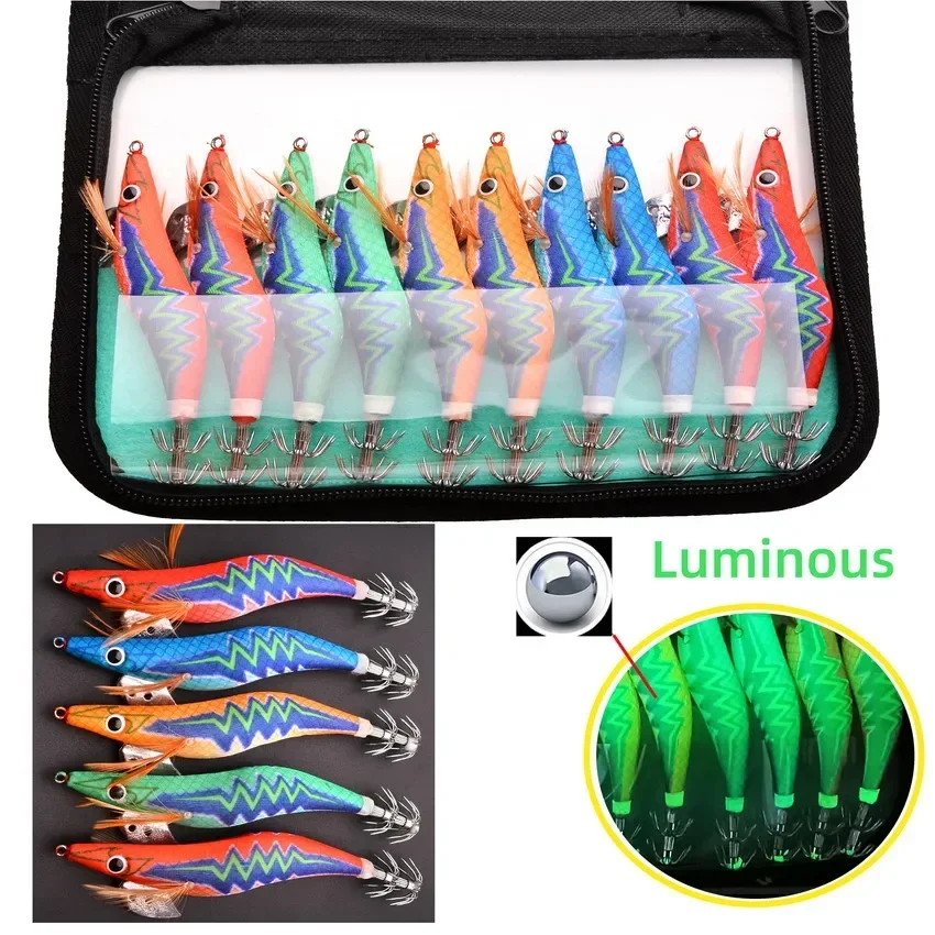 Squid Bait Squid Jigs Horizontal Luminous Octopus Fishing Lure Wobbler Artificial Hard Bait Cuttlefish Hook Tackle with Bag