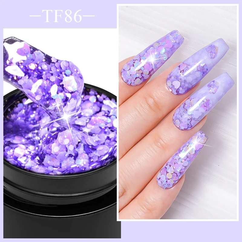 Macaron Glitter Sequins Nail Gel Polish Pink Purple Star Heart Shaped Sequins Gel Polish Semi Permanent Nail Art Gel Varnishes