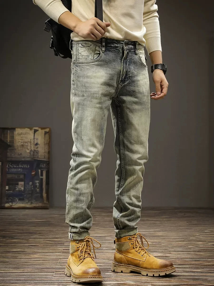 Italian Designer Fashion Men Jeans Retro Stretch Slim Fit Ripped Jeans Men Vintage Trousers Winter Thick Warm Denim Pants Hombre