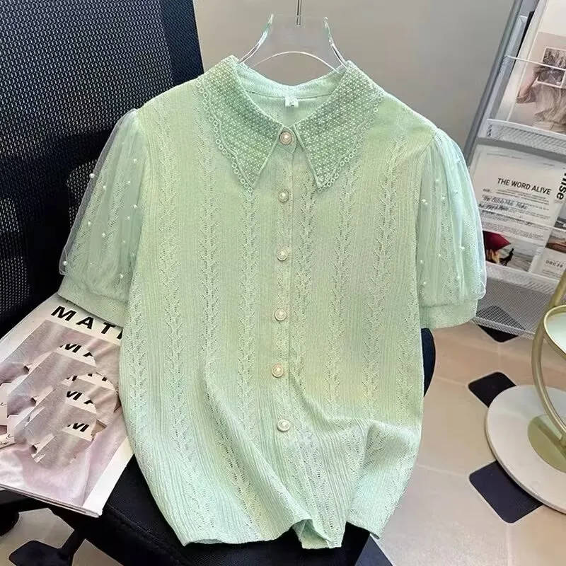 

Summer Women Mesh Beading Puff Sleeve Shirt Female Short Sleeve Dress Shirt Office Lady Elegant All-match Base Shirt