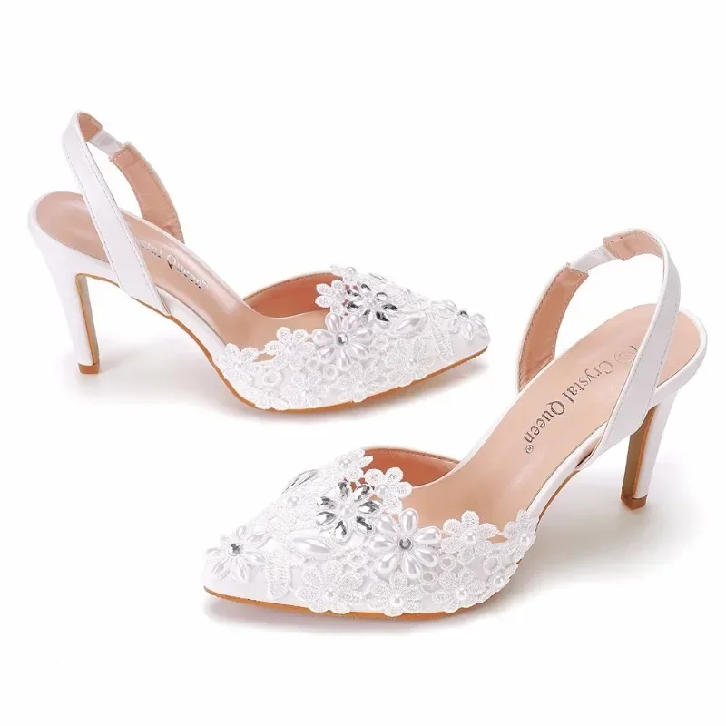 Women Sandals Fashion Sexy Lace PU 9CM Thin Heels Slip On Wedding Dress Shoes Wedding Women\'s Shoes White Women Pumps