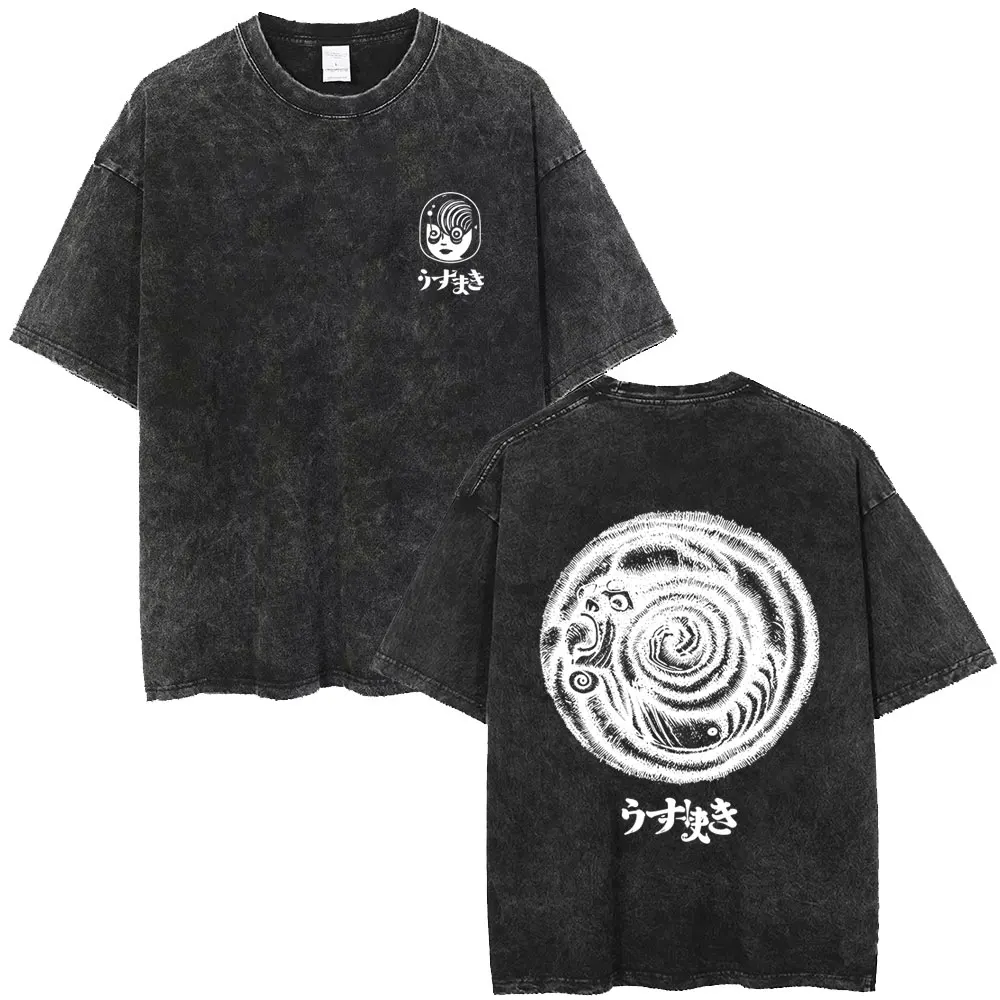 Washed Vintage Anime Junji Ito Spirale Uzumaki Kirie Goshima T-shirt Men Women Horror Manga Oversized T Shirts Y2k Streetwear