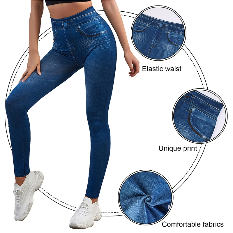 New Stretch Well Fitness Fake Pockets High Waist Leggings Faux Denim Jeans Sexy Elastic Jeggings Soft Casual Thin Pencil Pants