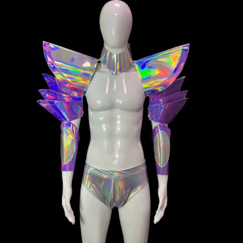 

Club Party Nightclub DJ Gogo Sexy Silver Costume Stage Wear Cuff Outfit Muscle Men's Space Mirror Armor Bar Dancer Performance