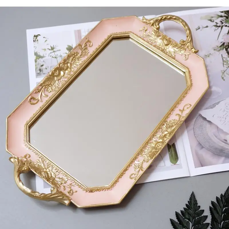 French Style Binaural Storage Tray Retro Mirror Carved Resin Decorative Cake Stand Dessert Table Wedding Arrangement