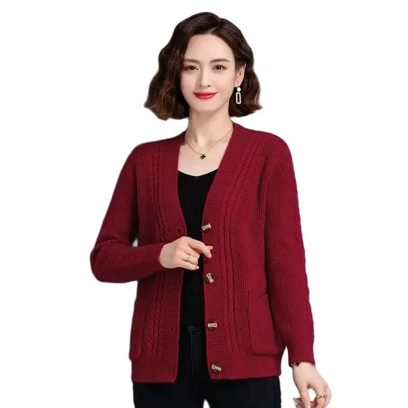 

Spring Autumn Pure Colour Cardigan Sweater Jacket Women 2025 New Loose V-Neck Knitwear Coat Fashion Single-Breasted Top Female