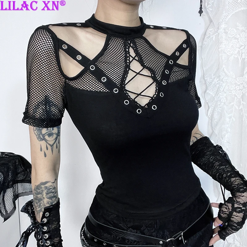 Goth Black Mesh See Through Short Sleeve T-Shirts Y2K Vintage Sexy Eyelet Corset Crop Tops for Women Summer Tees New Fashion Top