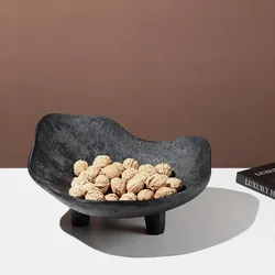 Modern Imitation Stone Tool Black Three Legged Fruit Tray, Resin High Legged Tray, Home Desktop Storage Container, Decoration