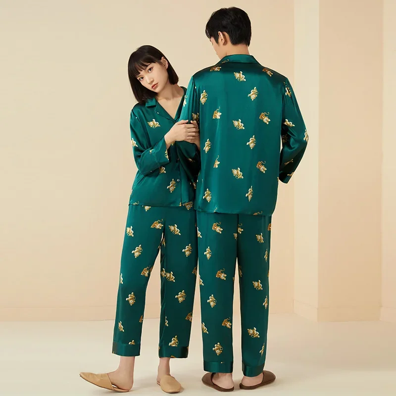 Couple's Pajamas 100% Mulberry Silk Cute Tiger Printed Women's Long Sleeve Pajamas Dog Men's Pajama Set Fox Matching Nightwear