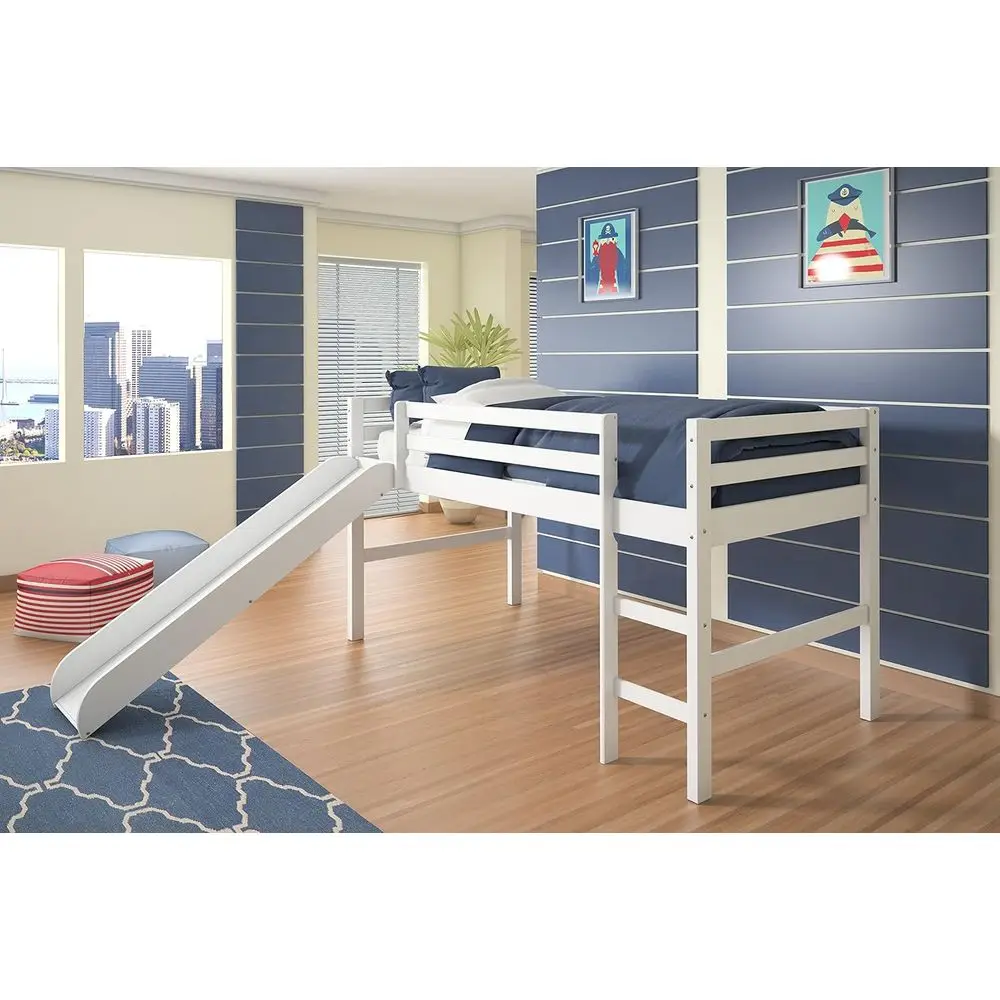 

Twin Size Low Loft Bed with Slide and Ladder, White Finish