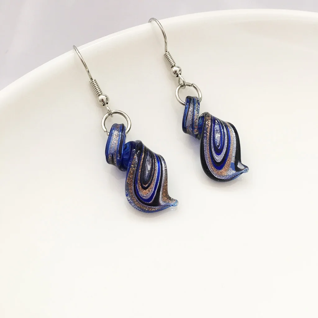 1 paar Chinese stijl glas Muran retro oorbel handgemaakte persoonlijkheid hanger vrouwelijke spiraal marineblauw glazen hanger