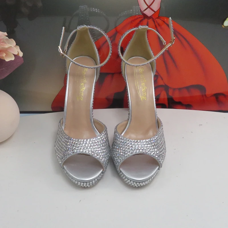 Super High Heel silvery Golden Bridal Wedding shoes Summer Sandals woman Fashion Party Dress shoes Ankle Strap sandal Open Toe