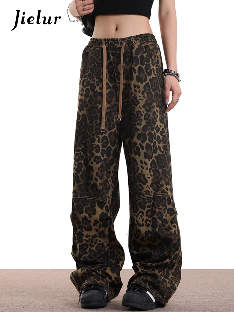 Pantaloni da donna leopardati autunno classico con coulisse pantaloni femminili casual semplici larghi a vita alta moda vintage a tutta lunghezza americana