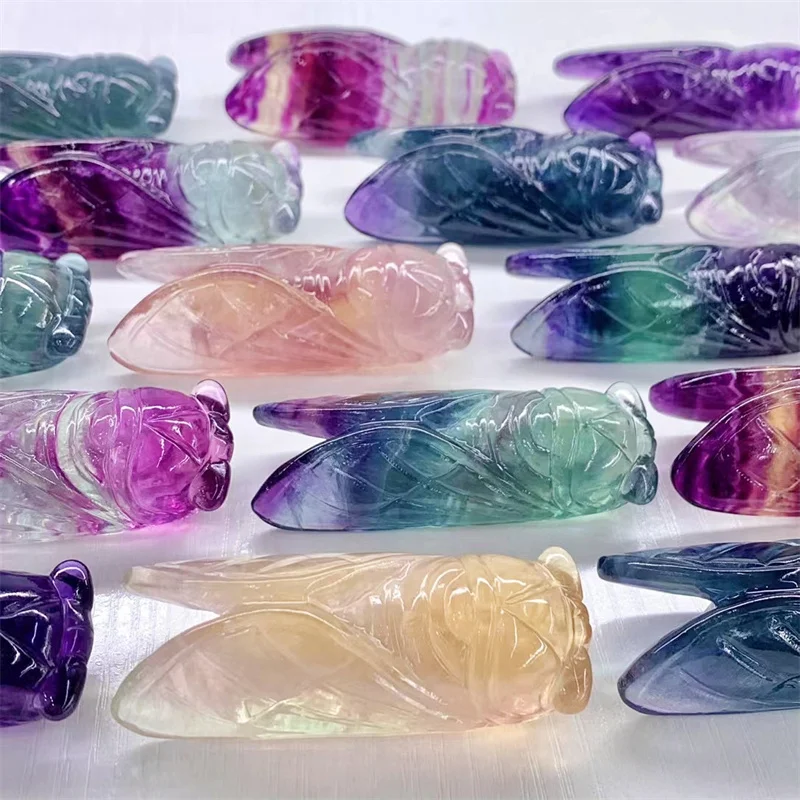 Natural Rainbow Fluorite Cicada Carving Reiki Healing Crystal Ornaments Animal Figurine Crafts Home Decor Gift 1pcs 10CM