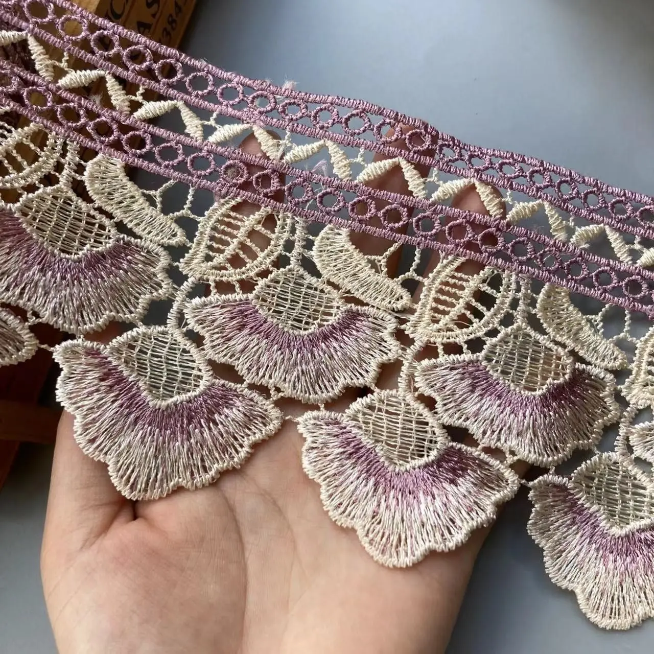 2 Yards Embroidery Purple Leaf Flower Lace Ribbon Trims for Sofa Curtain Trimmings Dress Costumes Applique Beige 10 cm 3 cm New