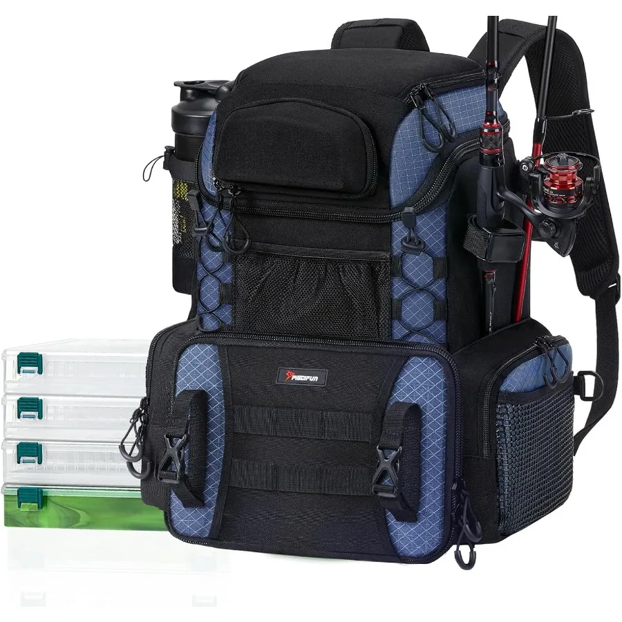 

Fishing Tackle Backpack with Rod Holders and 4 Tackle Boxes for Outdoor Fishing Adventures Waterproof Rain Cover Included for P