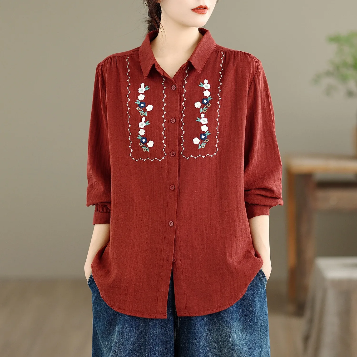 Damska długa koszulka z bawełny, miękka, przyjazna dla skóry, luźna, bazowa bluzka, jesienna moda, kwiatowy haft, uniwersalna, poliester...