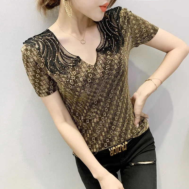 

Fashion Sexy Hollow Hot Diamond Lace Tees Tops Out Hot New 2025 Summer Short Sleeved V-Neck Women's T-Shirt