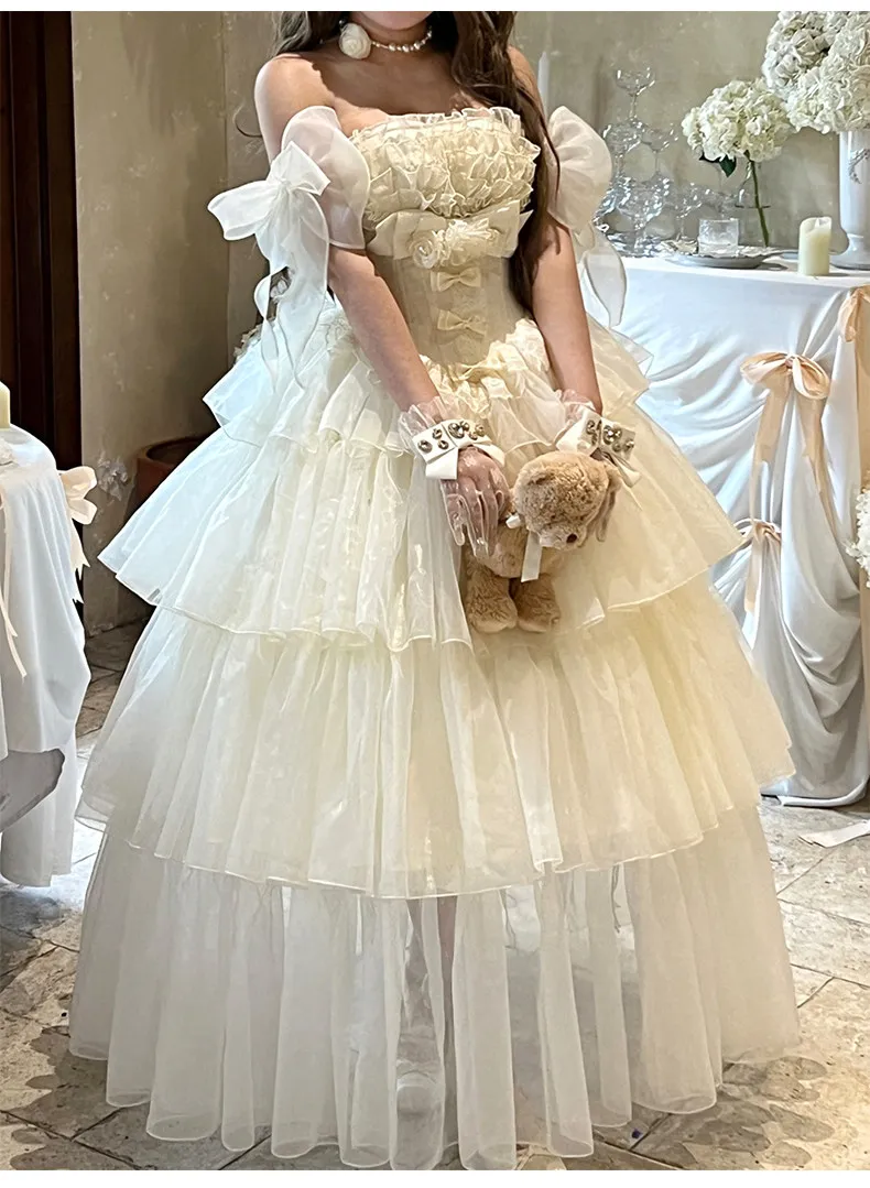 Beige Temperament Dress Autumn and Winter Gentle Light Flower Wedding Dress Birthday Party Dress Prom Dresses