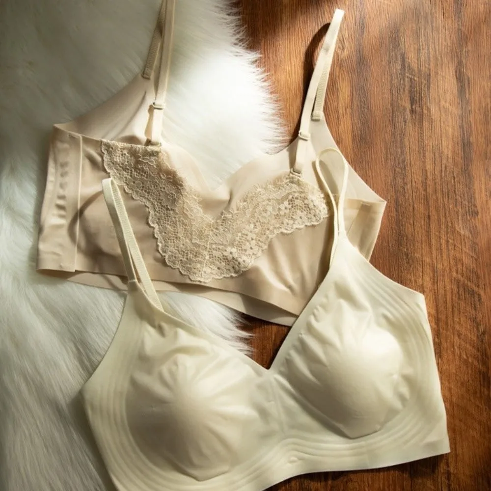 Lace Thin Satin Wireless Deep V Bra Close-fitting Shockproof Push Up Underwear Traceless Anti-sagging Brassiere for Women Sport