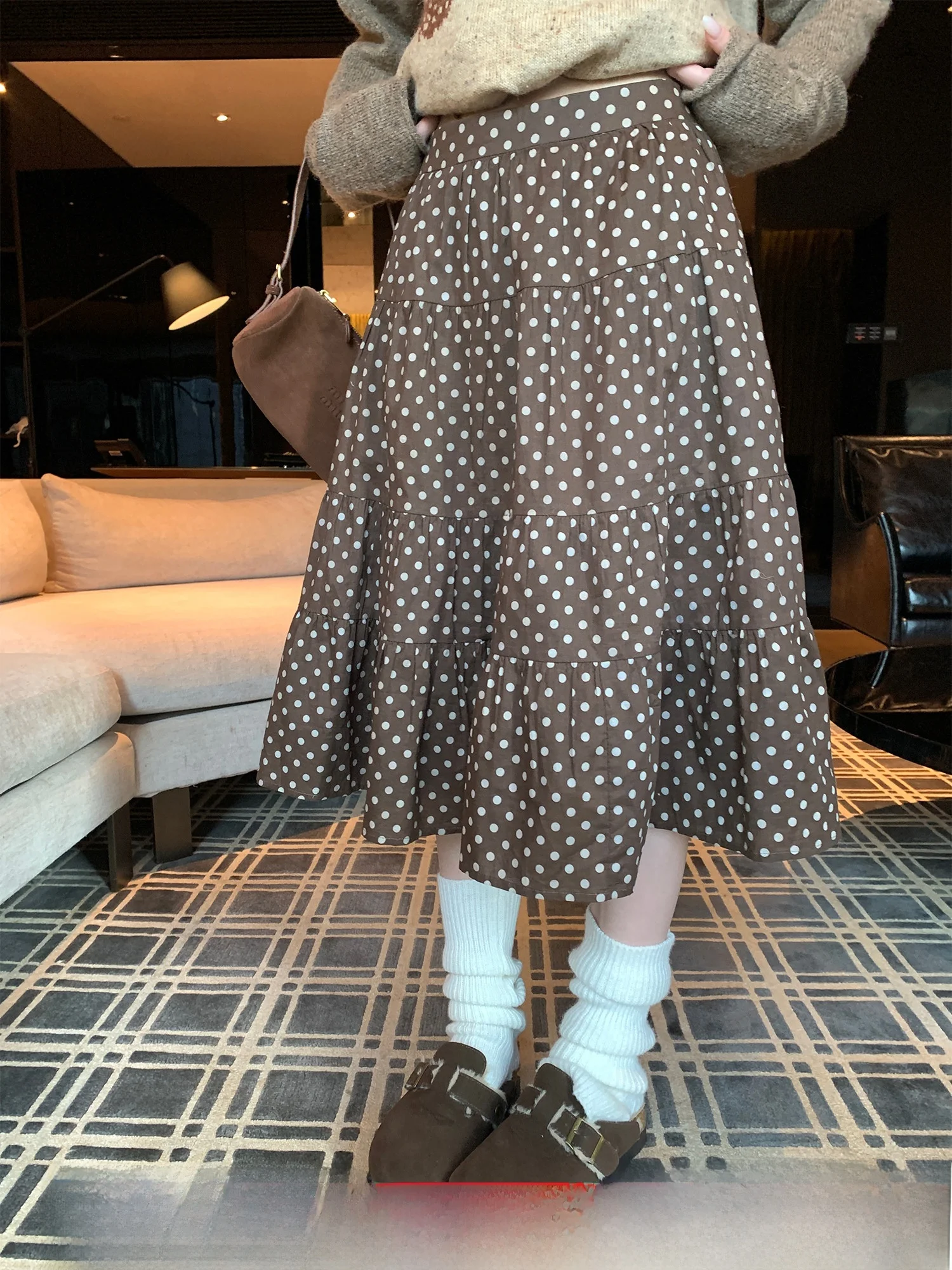 

Foam Polka Dot Vintage f Skirt Women's High Waist Slimming Versatile Mid-Length Ci Commute Casual Date Skirt