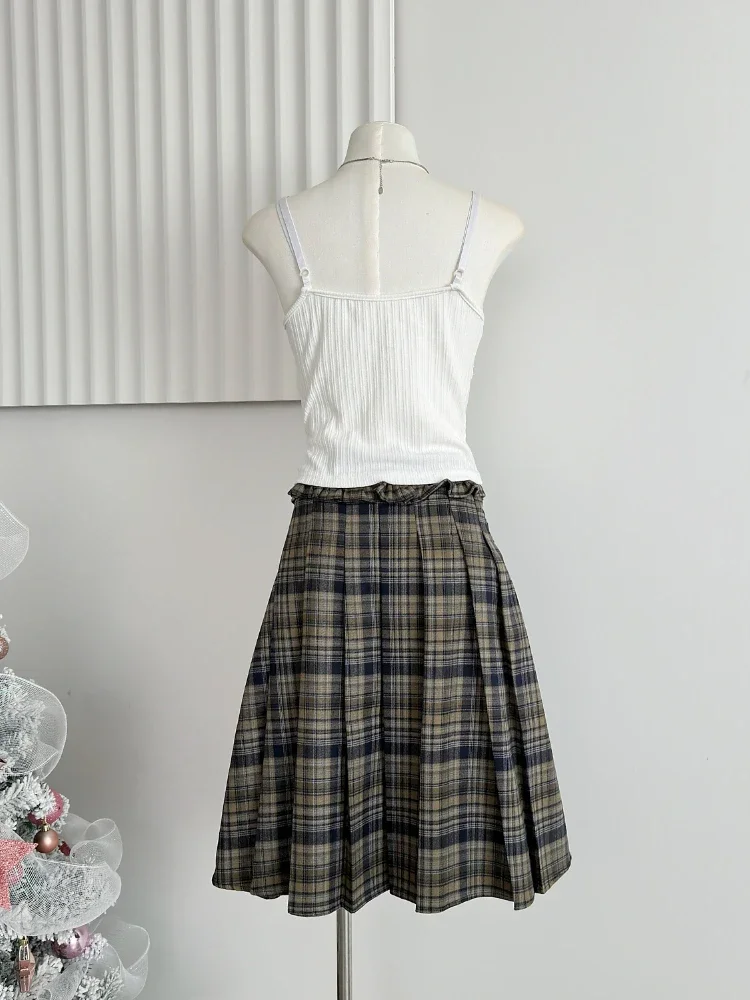 Spring France Elegant Sweet Long Skirts Women Zipper Pleated Splicing Plaid Skirts New Female Casual Fit Chic 2000s Clothes Y2k