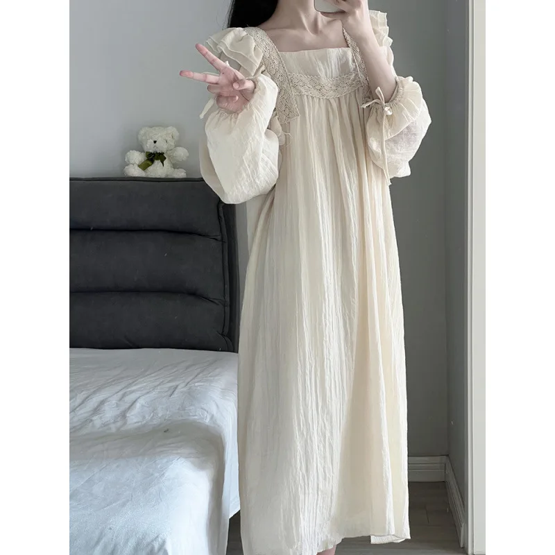 Lace Nightgown Sleepwear Women Korean Ruffles Night Dress Spring One Piece Pajamas Long Sleeve Square Collar Home Wear 2026 New