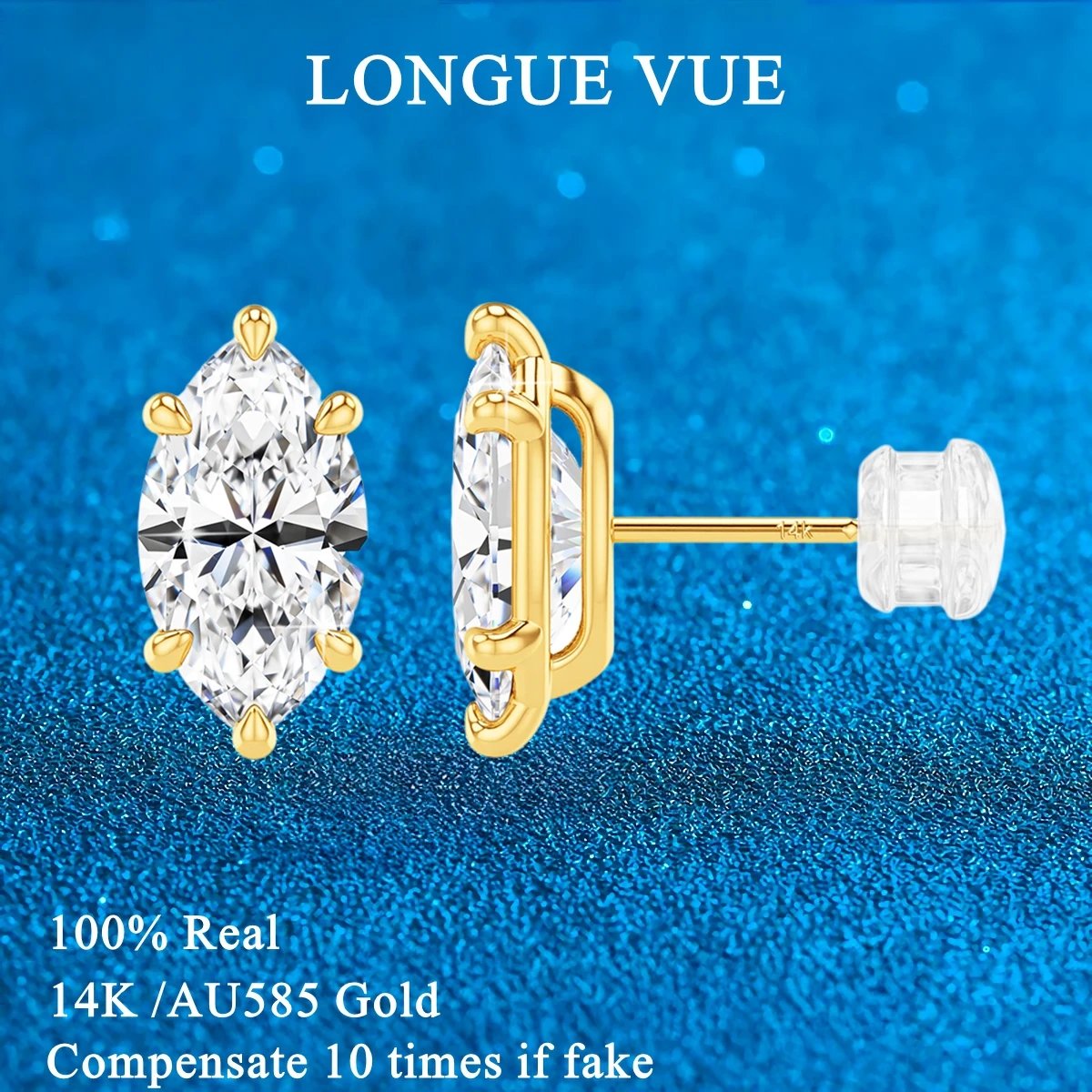 

0.5/1/2carat 14K Gold Marquise Cut Moissanite Ear Studs for Men Women D Color VVS1 Lab Diamond Earrings with Certificates