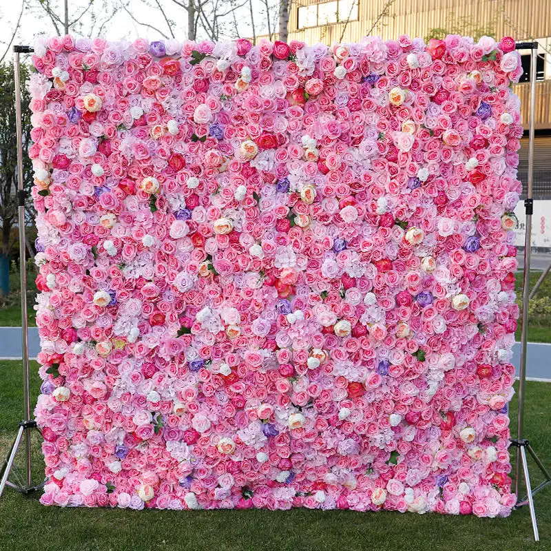 

Outdoor Wedding Backdrop 3D Pink Curtain Cloth Flower Wall Rose Hydrangea Arrangement Floral Event Party Reception Props