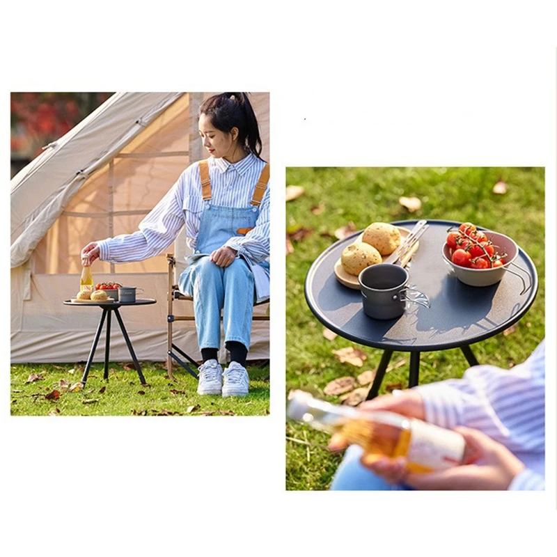 1Set Outdoor Camping Portable Small Round Table Folding Aluminum Alloy Table Lifting Simple Three-Legged Table Black