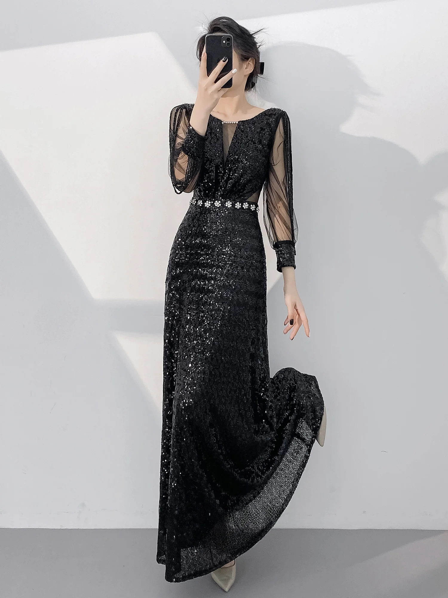 

Ele Bla Evening Gown Women's New 2024 Long Sve Heavy Embroidery Formal Dr for Wedding Par Performance A-Line Skirt