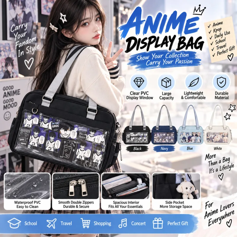 JK Itabag Large Capacity Messenger Bag, Clear Window Pin Display Shoulder Bag, Badge Collecting Pouch Style School Cosplay Gift
