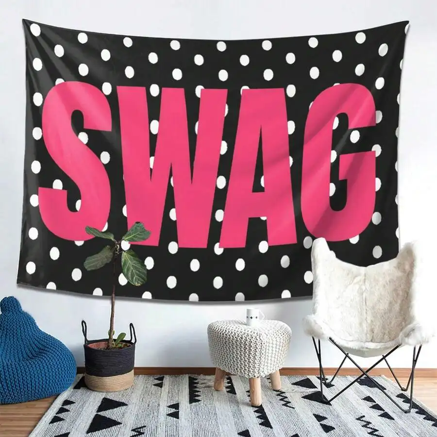Swag Tapestry - Black and White Polka Dot Wall Art, Pink Letter Decor, Street Style Hanging, Polyester, Multiple Sizes