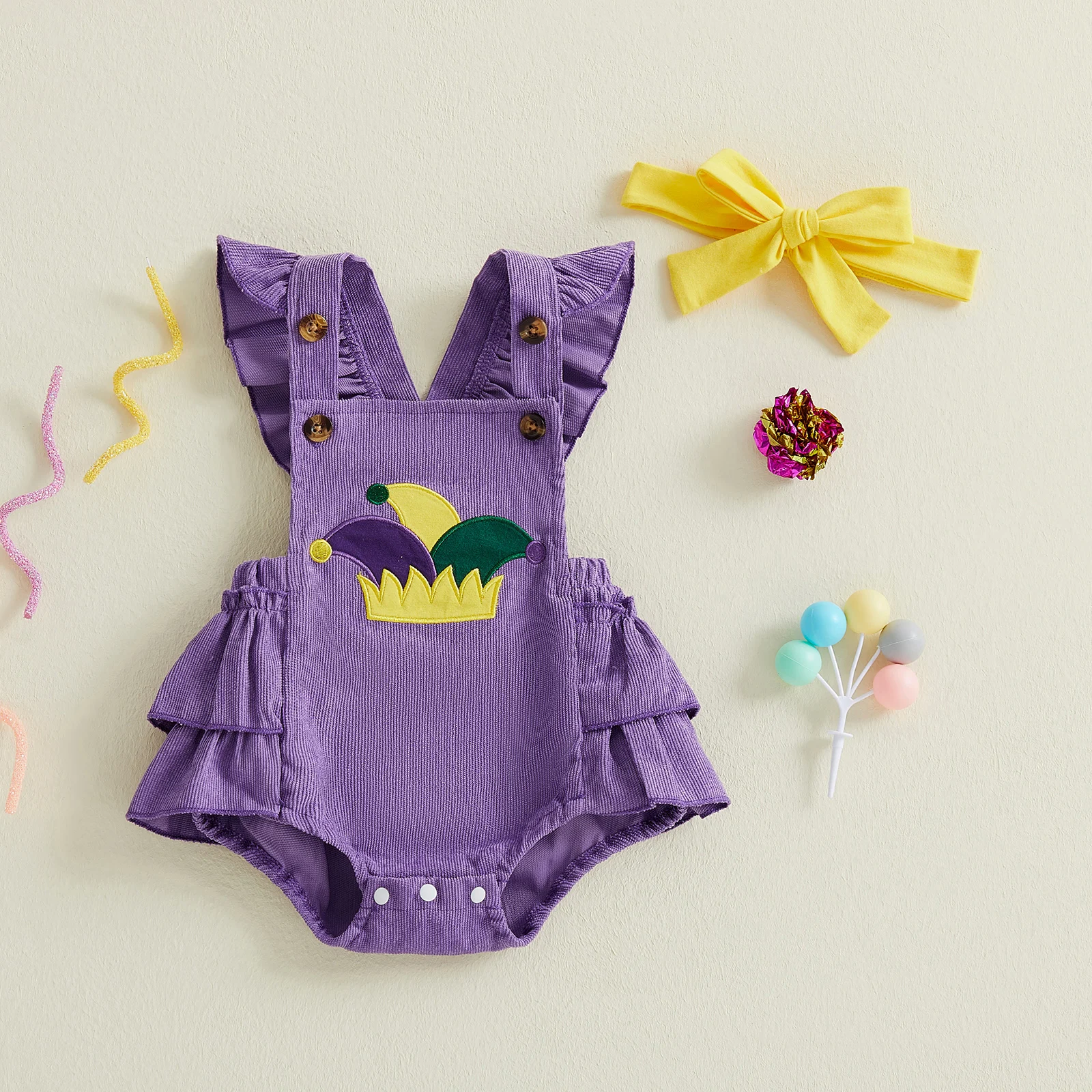 Summer Infant Baby Girls Bodysuit Flying Sleeve Embroidery Tiered Ruffle Overalls Headband Purple Clothes