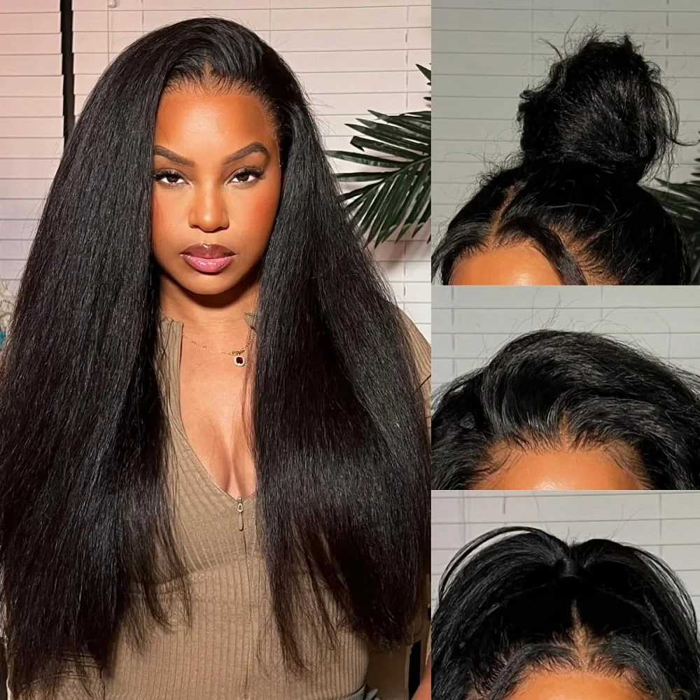 Perruque Lace Front Wig naturelle lisse et crépue sans colle, 6x4 HD, pre-plucked, nœuds invisibles, vêtements et Go Yaki lisses