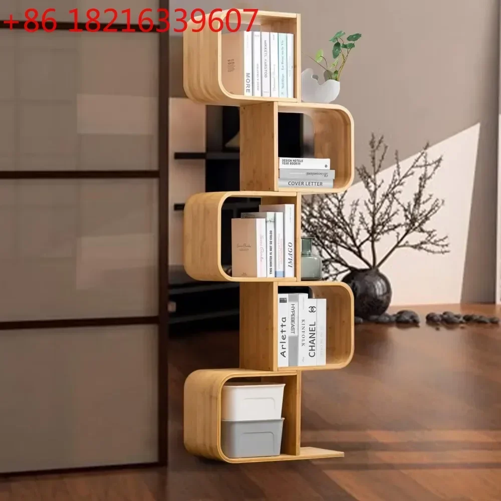 TAO 5-Tier S-Shaped Geometric Modern Bamboo Bookshelf, 2 in 1 Bookcase Storage CDs, DVDs Book Shelf for Home, Living Room