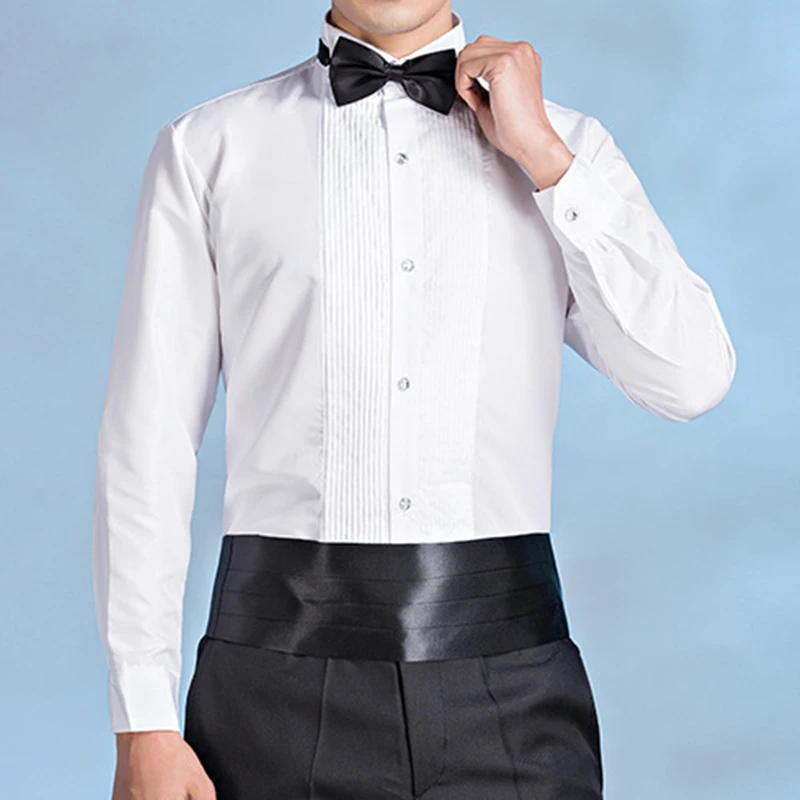 Men White Wedding Shirt With Bowtie Long Sleeves Front Pleated Mens Banquet Dress Shirts Bridegroom