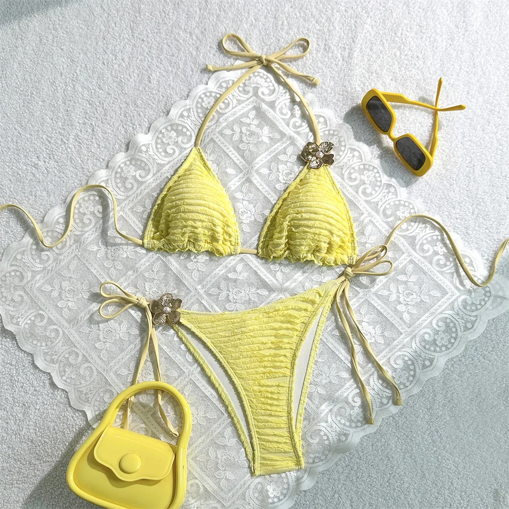 

Сексуальное бикини с металлическим цветком, однотонный купальник на шнуровке, женский купальник с открытой спиной, комплект из 2 предметов для отпуска, пляжный наряд, купальный костюм, комплекты бикини