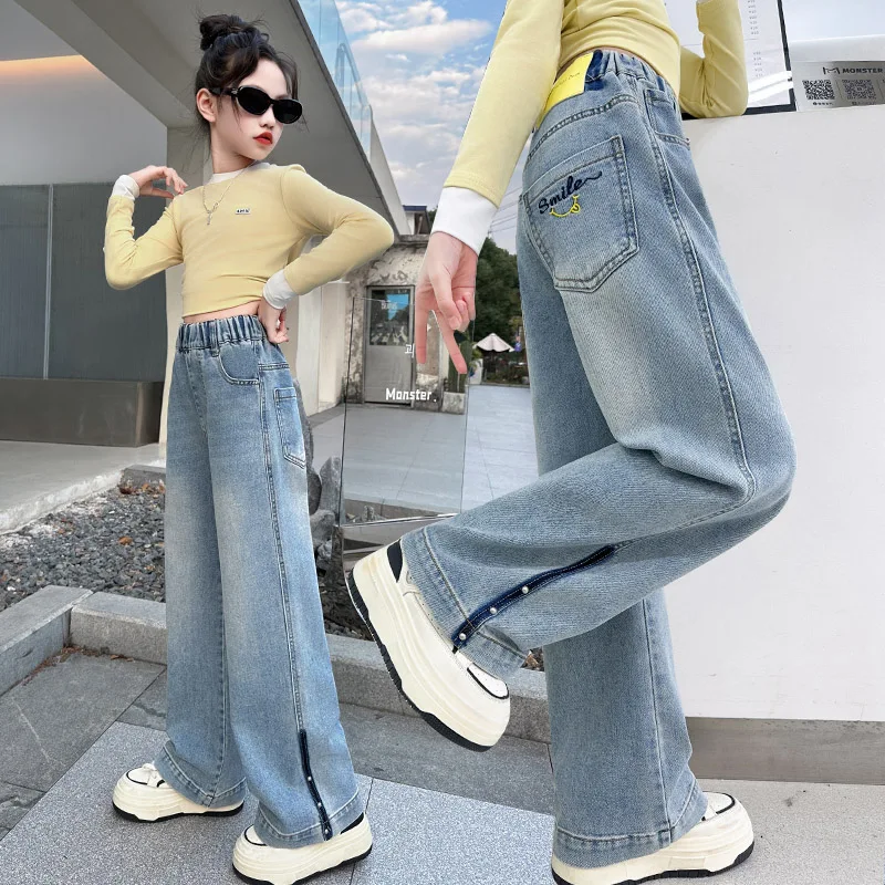 

Hot Sale Kids Spring Autumn Loose Straight Jeans for Teenage Girls Fashion Casual Blue Denim Pants Korean Child Elegant Trousers