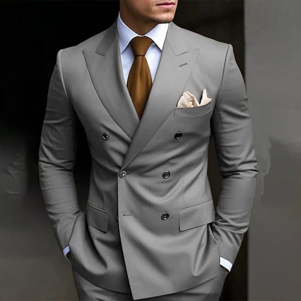 

Fashion Grey Suits For Mens Formal Business Blazer Double Breasted Wedding Tuxedo Slim Fit 2 Piece Jacket Pants Terno Masculino