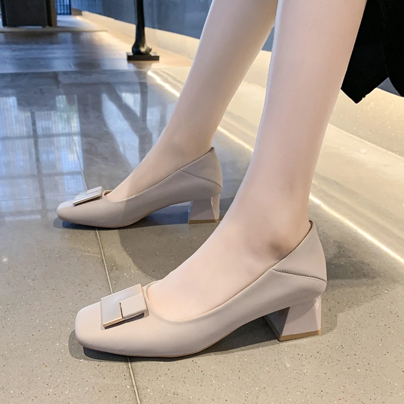 3cm Medium High Heel Shoes Woman Genuine Leather Pumps Square Toe  Ladies Metal Buckle Loafers Office Dress Shoes 2024