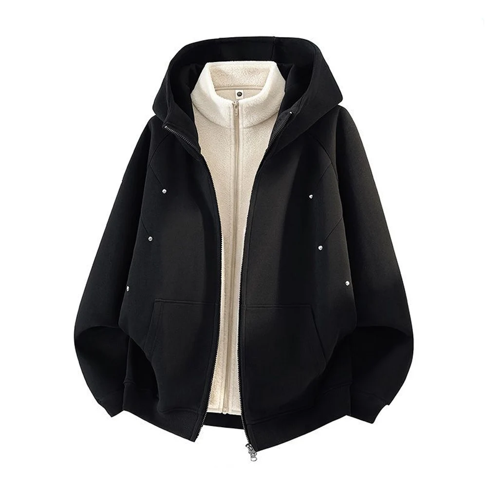 2026 Autumn Winter men's 2 Piece Set Hooded Jacket Fleece Zip Up Sweatshirt Loose Fit Casual Streetwear Outerwear