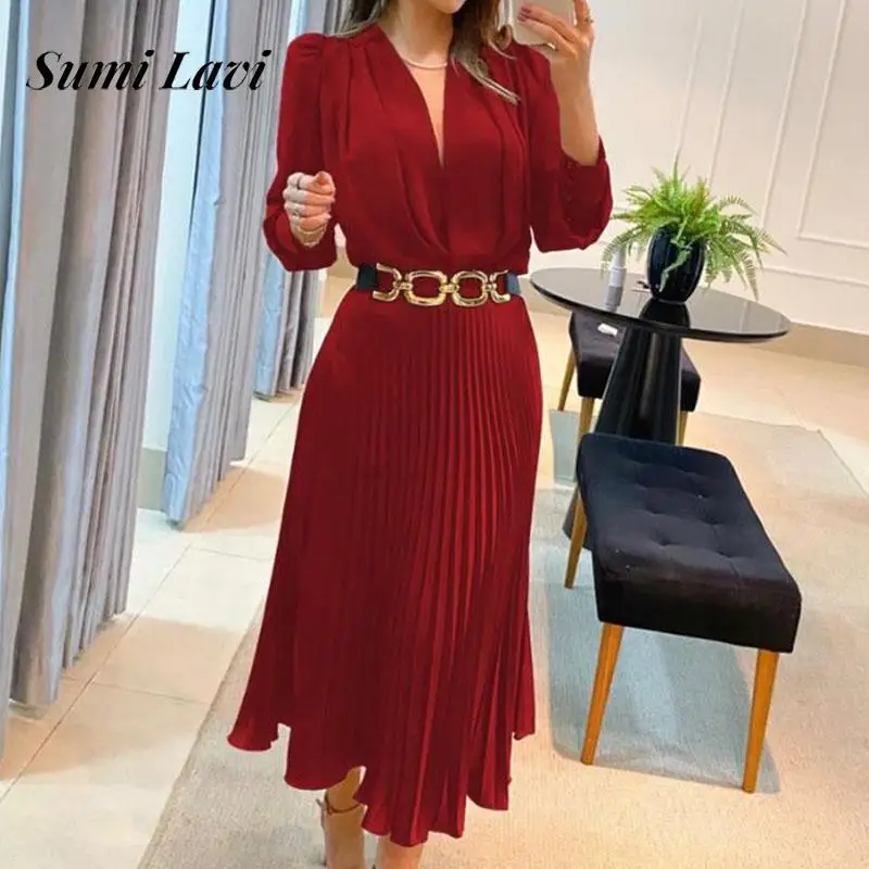 

2024 Sexy Deep V-neck Long Sleeve Long Dress Elegant Hight Waist Draped Party Dress Women Fashion Chain Lace-up Commuter Dress