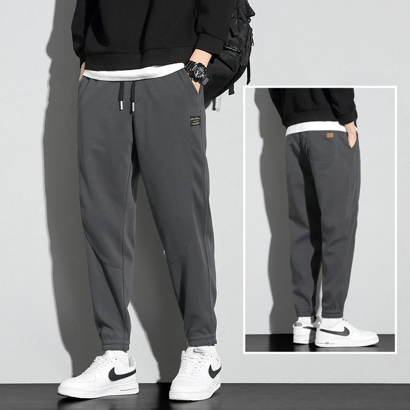 Men's Fce Lined Thiened Casual Pants Autumn Winter Trendy Loose Teenage Student Workwear Large Size Cuffed Trousers